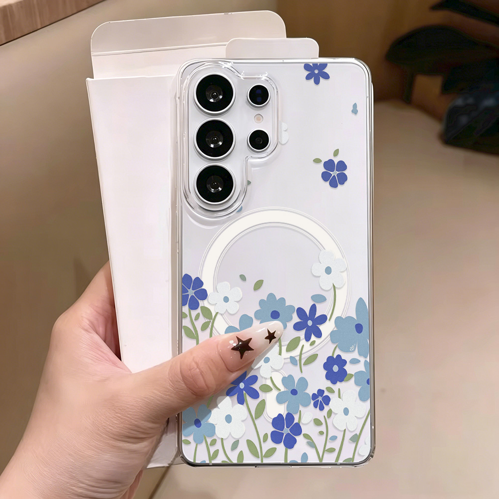 Phone Cases Quality - Blaue Blumen Magnetische Handyhülle für Samsung